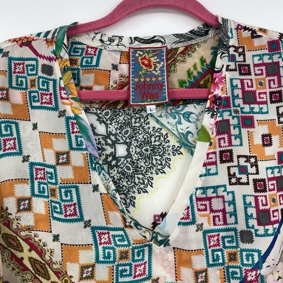 Johnny Was Large Multicolor Floral Boho Tunic Mixed Print Kimono Rayon V-Neck - Picture 3 of 11